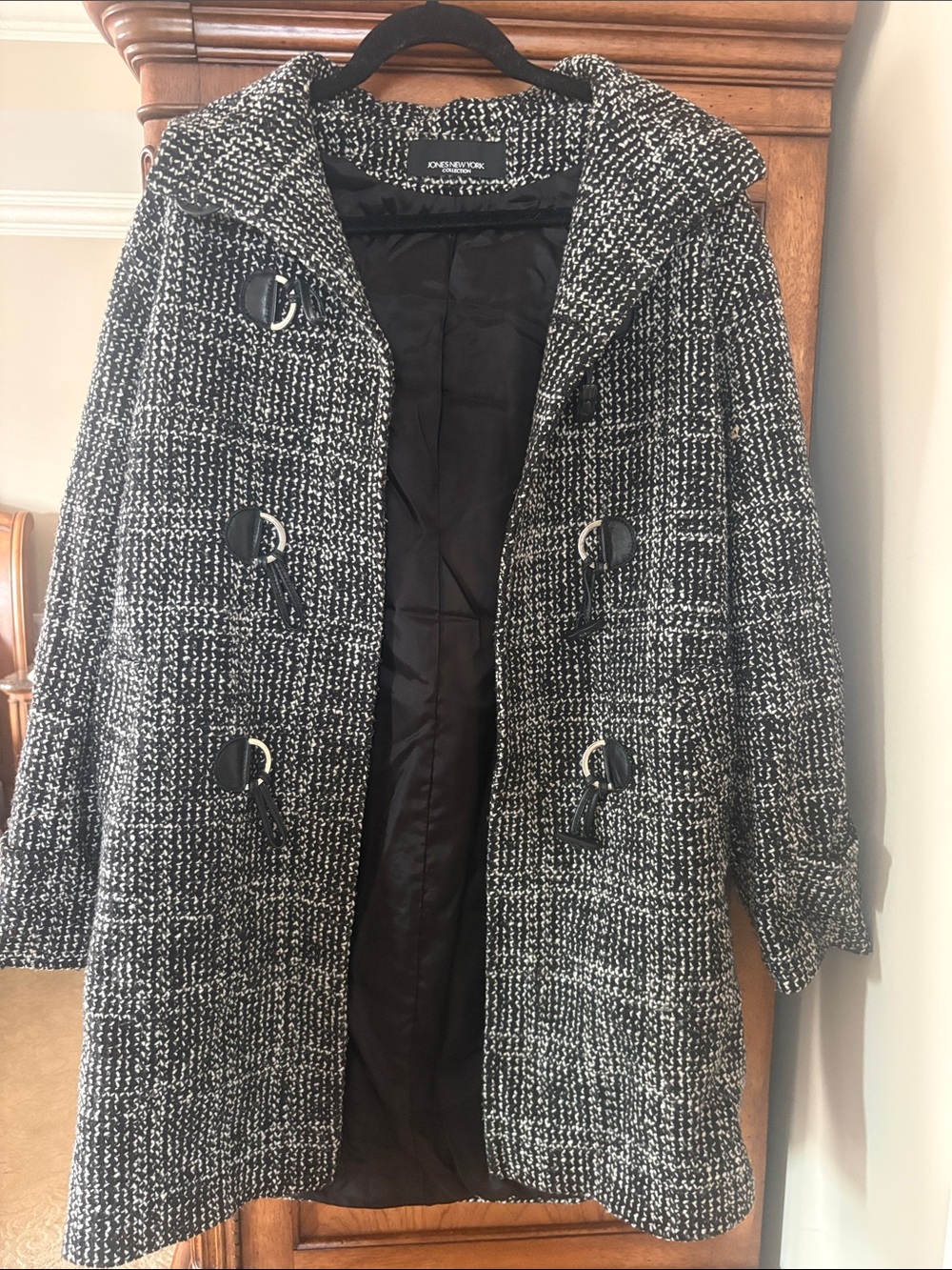 Jones New York Black and White Bouclé Toggle Pea Coat with Leather Loops